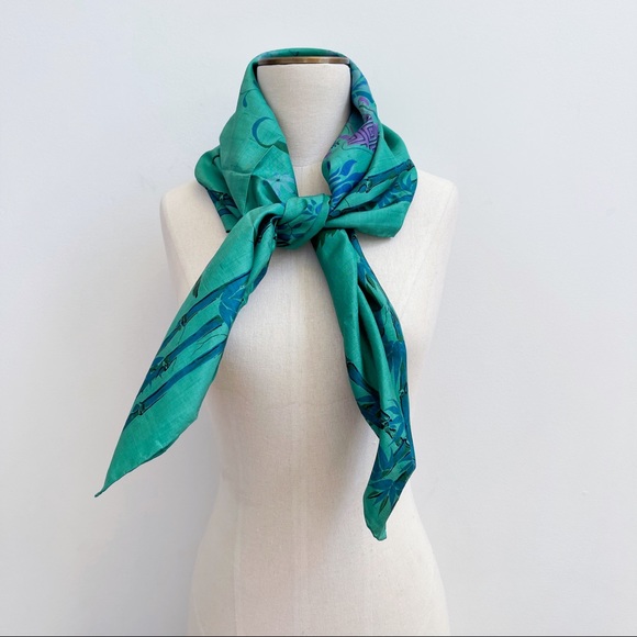 Green Blue Thai Silk Scarf 35” Floral Bird Bamboo - Picture 8 of 12